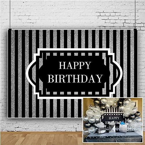 YongFoto 5x3ft Mutlu Doğum Günü Fotoğraf Backdrop Gümüş ve Siyah Çizgili Arka Plan Doğum Günü Partisi Afiş İç Dekor Erkek