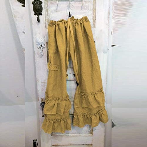 TIMEMEANS Kadınlar Pamuk Keten Çift Katmanlı Fırfır Pantolon Rahat Elastik Bel Geniş Bacak Uzun Pantolon
