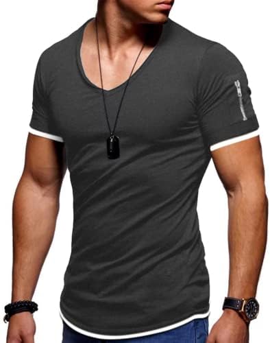 ıWoo Erkek V Boyun Tee Gömlek Kas Atletik Egzersiz T - Shirt Casual Kazak Tops Kontrast Renk Taban Tees Gömlek
