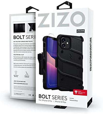 Ekran Koruyucu Kickstand Kılıf Kordon ile iPhone 12 / iPhone 12 Pro Kılıf için ZİZO Bolt Serisi - Siyah