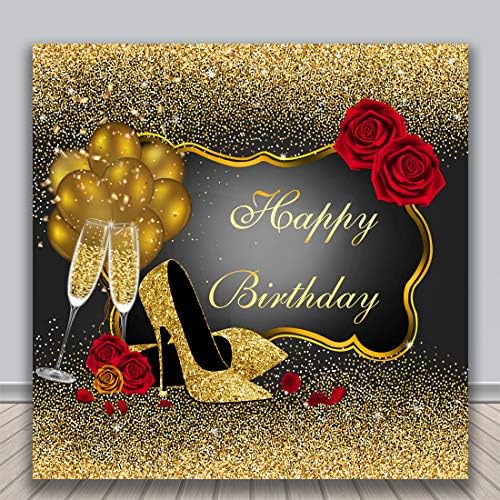 8x8ft Mutlu Doğum Günü Zemin Glitter Altın Kırmızı Gül Çiçek Altın Balonlar Topuklu şampanya kadehi Parti Süslemeleri Arka
