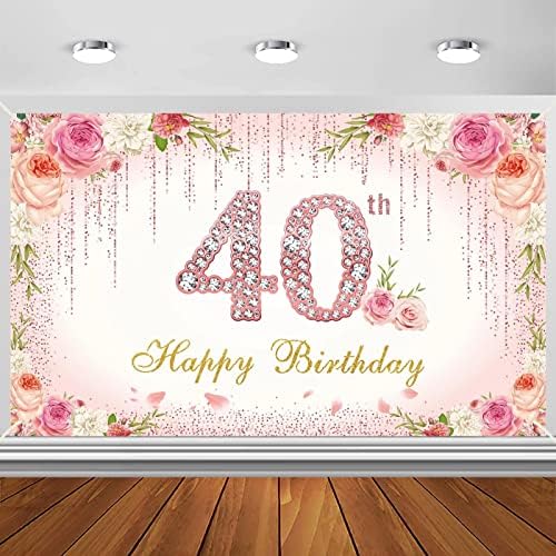 Kadınlar için gül Altın 40th Doğum Günü Afiş Zemin Süslemeleri, Pembe Çiçek 40 Yaşında Doğum Günü Arka Plan İşareti Parti
