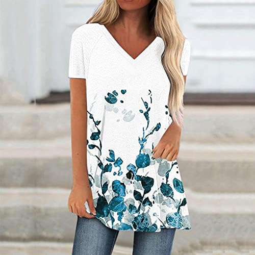 Kızlar Derin V Boyun Bluzlar Brunch Üstleri T Shirt Kısa Kollu Colorblock Kiraz Çiçek Grafik Bluzlar 2023 T3