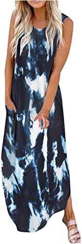 Oplxuo Rahat Gevşek Uzun Tank Elbiseler kadın Yaz Plaj Hawaii Sundress Kolsuz Crewneck Maxi Elbise Cepler ile