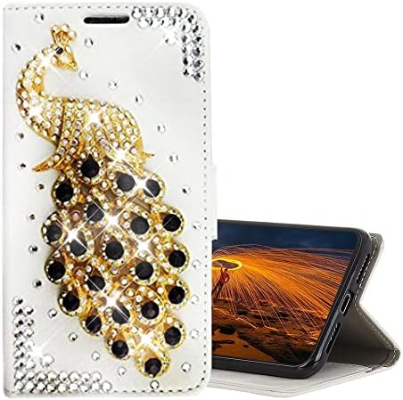 Glitter Cüzdan Telefon Kılıfı Samsung Galaxy A10e 2019 ile uyumlu, AS-Zeke 3D El Yapımı Serisi Tavuskuşu Taklidi Kristal