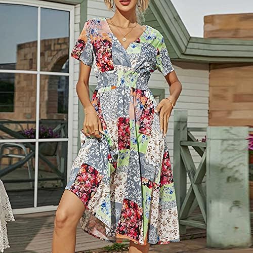 Kadın Boho Elbise 2023 Yaz Çiçek V Boyun Kısa Kollu Elbise Casual İmparatorluğu Bel A-Line Dökümlü Midi Elbiseler